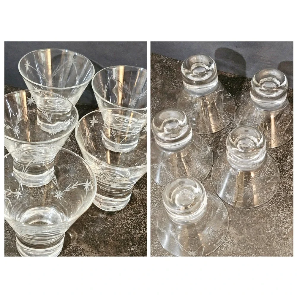 Vintage Starburst Etched‎ Martini Glasses Set of 5 Clear MCM Style Mid Century